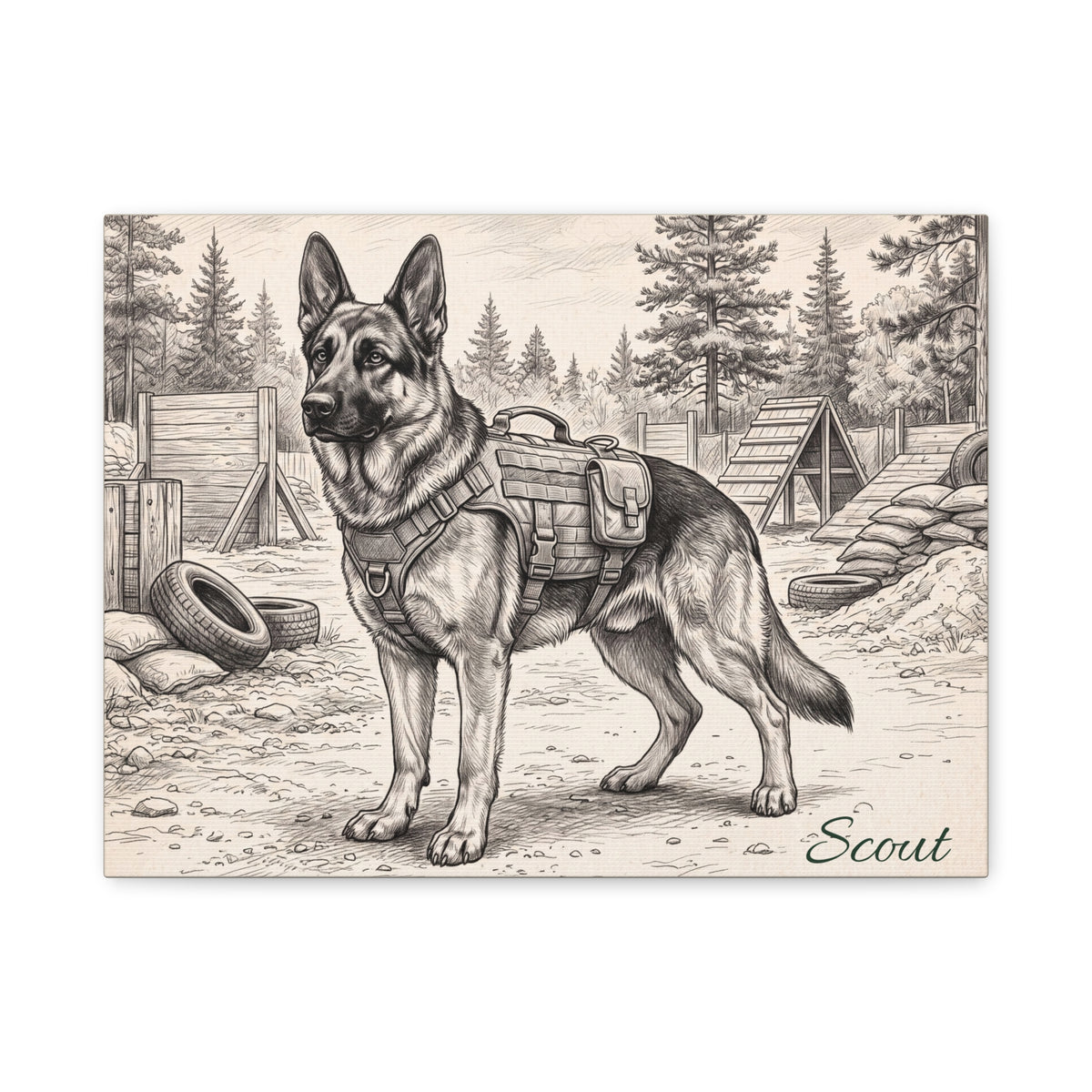 German Shepherd Personalized Canvas | Military Working Dog Sketch Wall Art