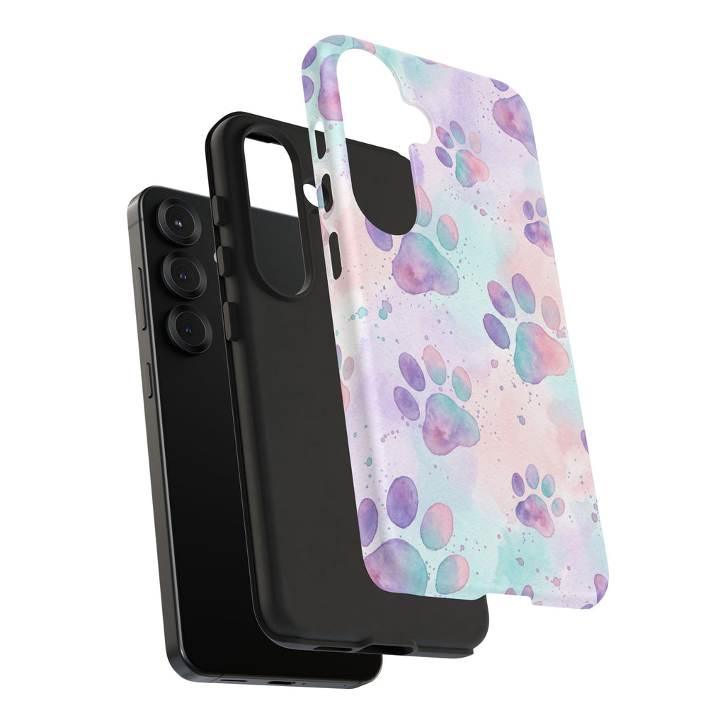 Watercolor Paw Print Phone Case | Pastel Purple, Teal & Pink Artistic Pattern | Samsung & iPhone