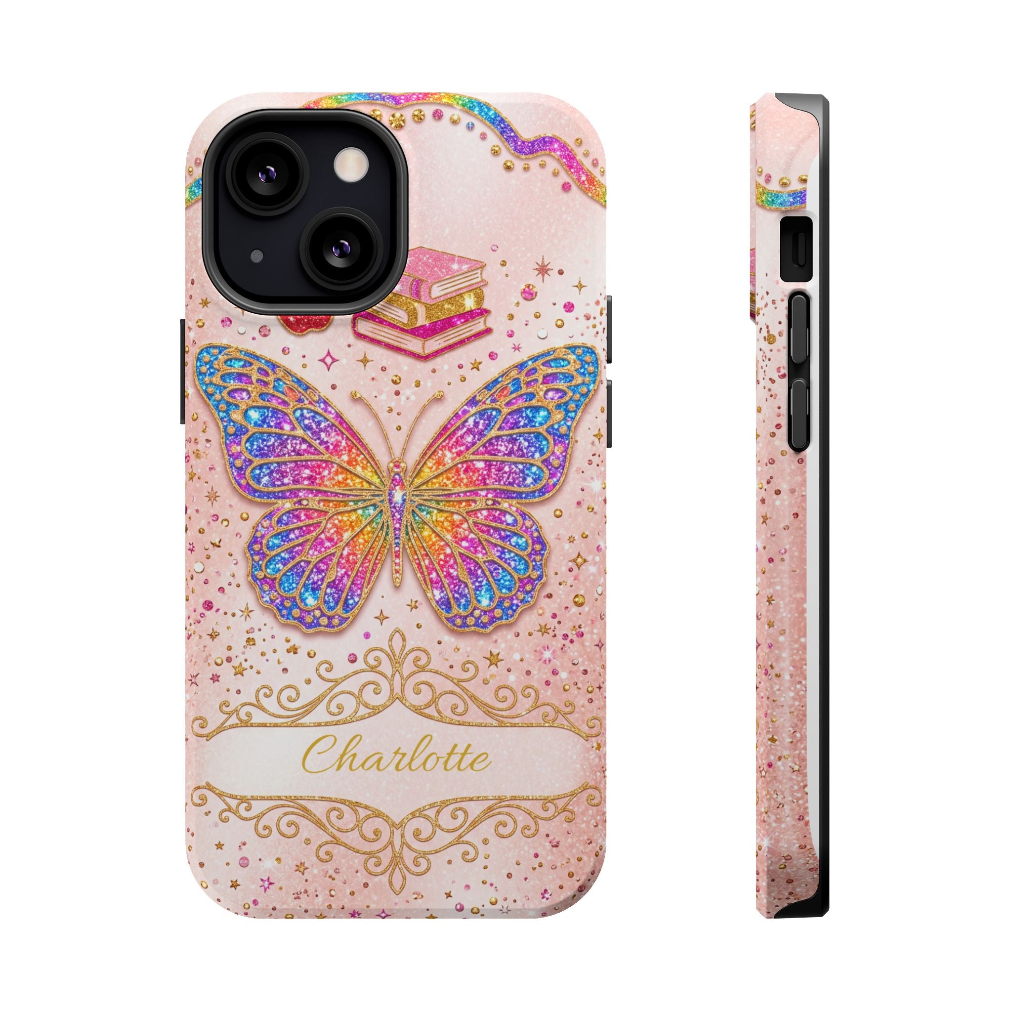 Blush Glitter Butterfly Personalized Teacher Phone Case — Wireless Charging Cover