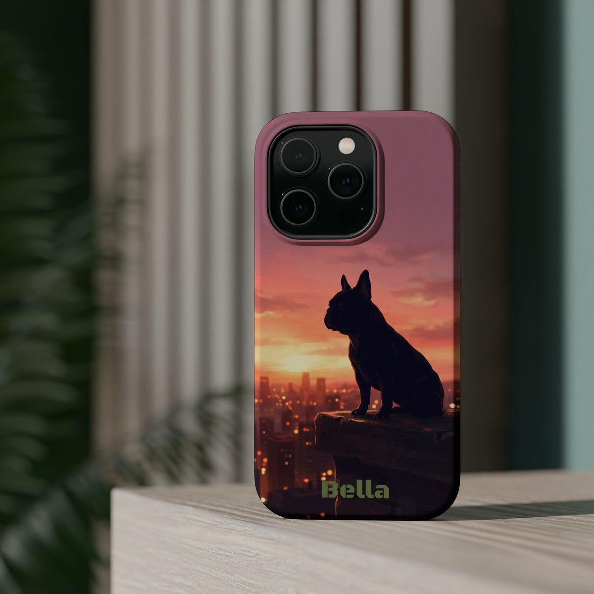 Personalized French Bulldog City Skyline Sunset Phone Case — Wireless Charging Cover