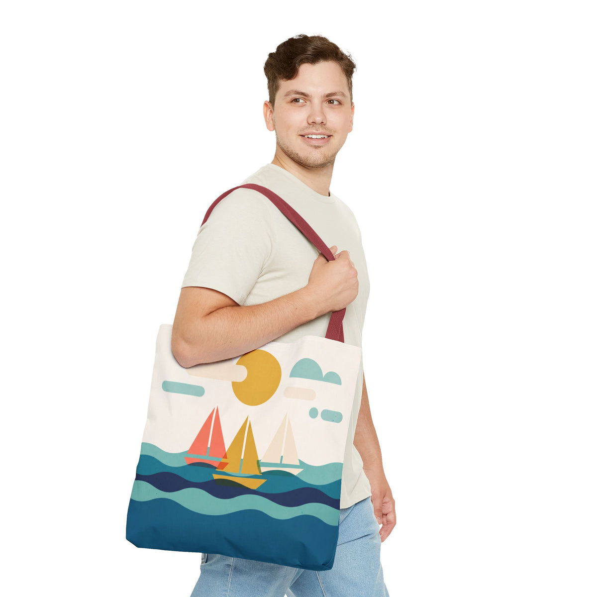 Minimalist Sailboat Tote Bag – Mid-Century Modern Ocean Waves Beach Bag