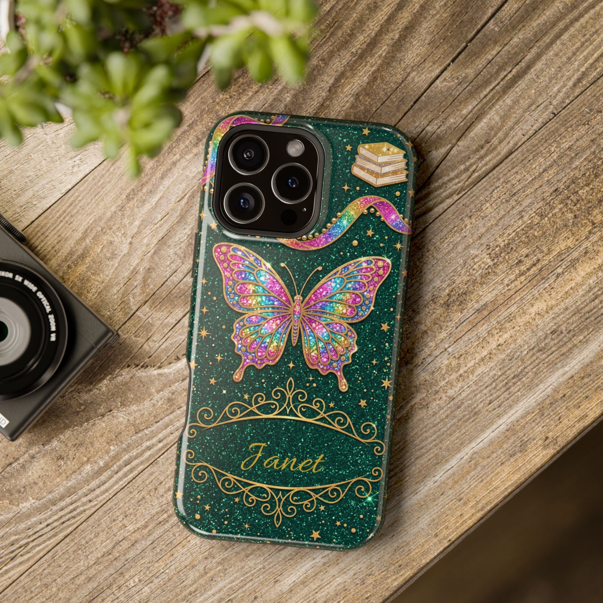 Rainbow Glitter Butterfly Personalized Teacher Phone Case — Wireless Charging Cover