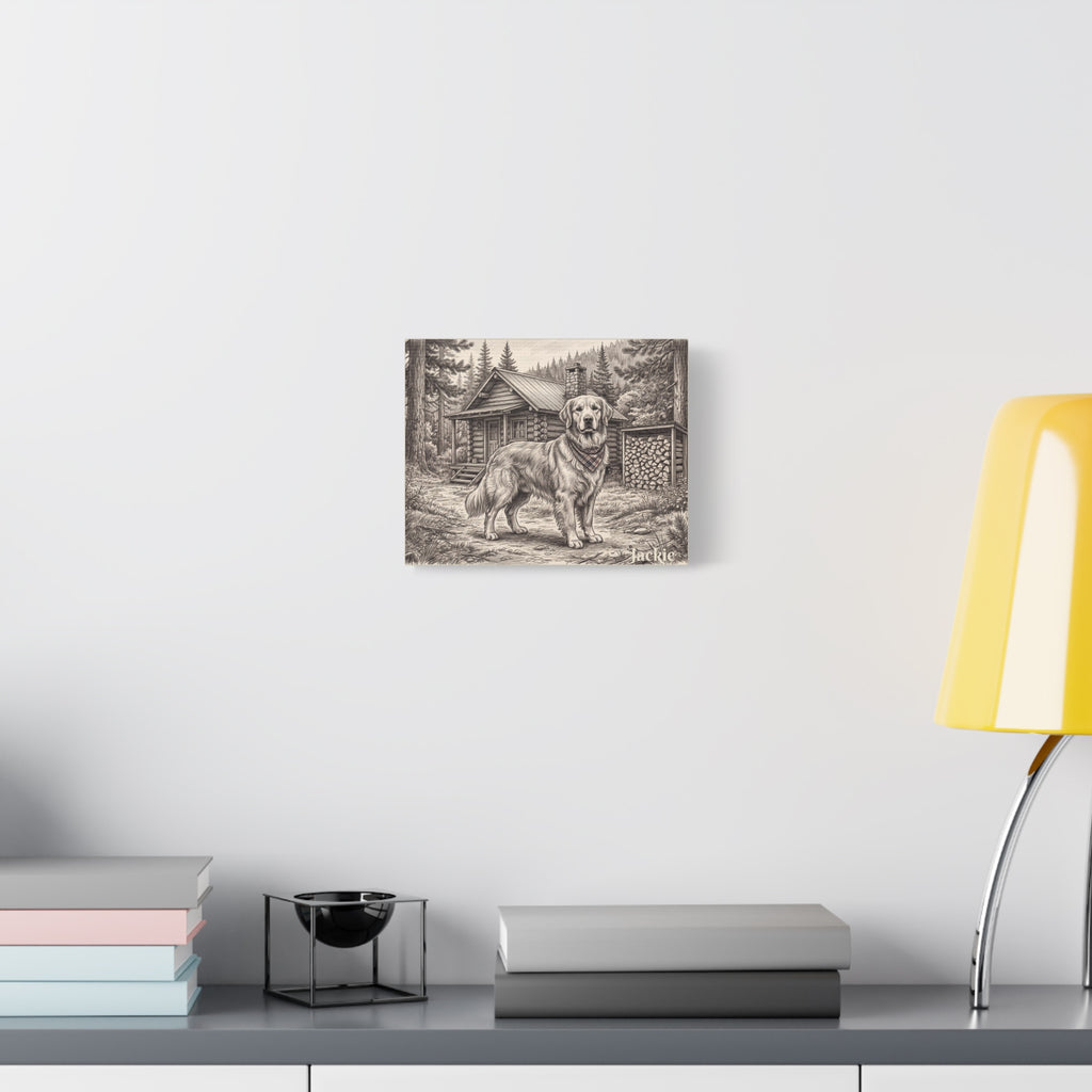 Golden Retriever Cabin Sketch Personalized Canvas | Rustic Woodland Wall Art