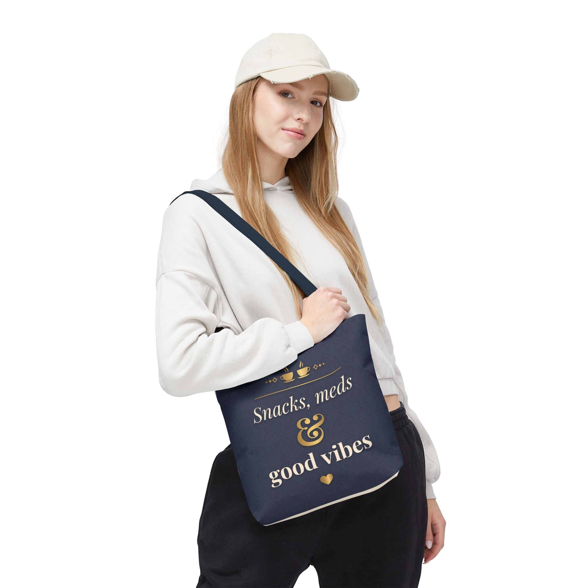 Snacks Meds & Good Vibes Tote | Funny Nurse Gift Tote Bag | Healthcare Worker Humour Gift | Premium Polyester Carry-All