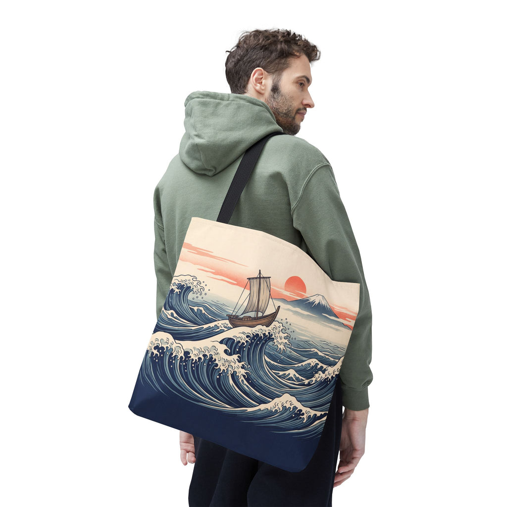 Japanese Wave Sailboat Tote Bag – Woodblock Style Ocean Beach Bag