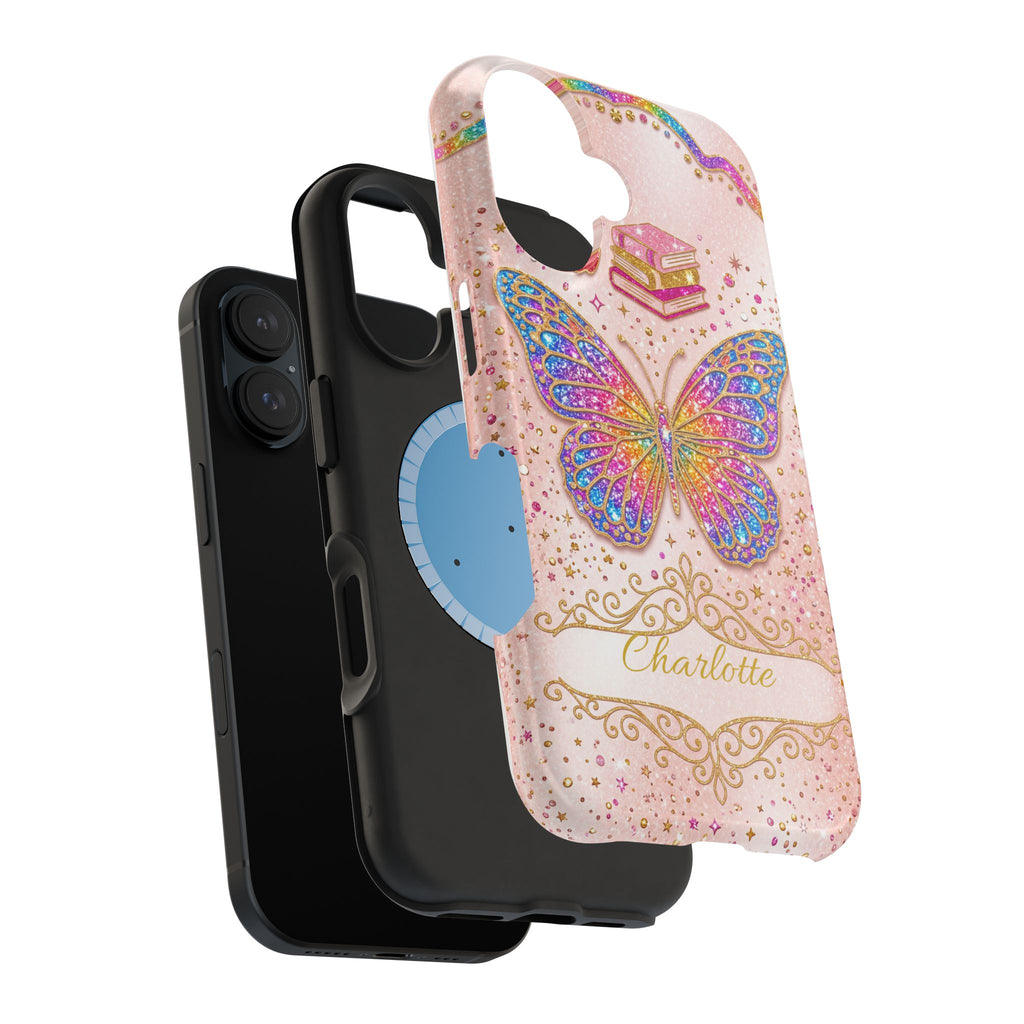 Blush Glitter Butterfly Personalized Teacher Phone Case — Wireless Charging Cover