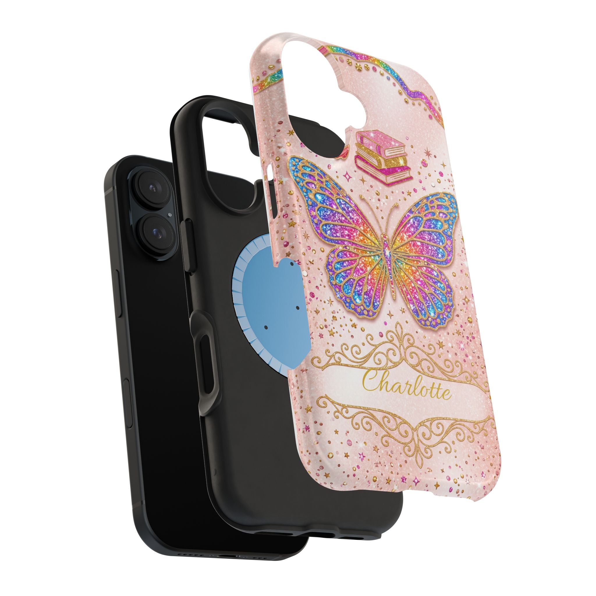 Blush Glitter Butterfly Personalized Teacher Phone Case — Wireless Charging Cover