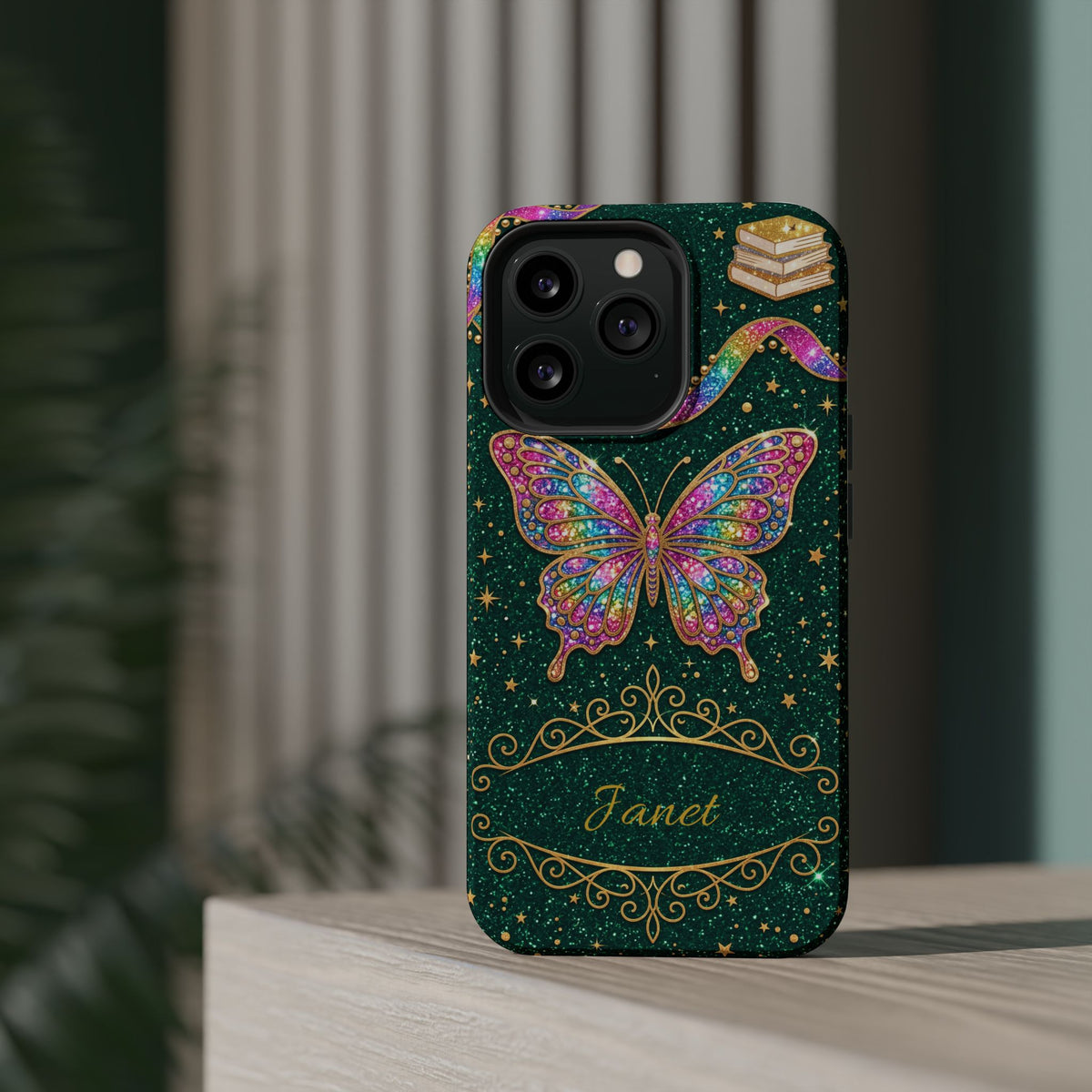 Rainbow Glitter Butterfly Personalized Teacher Phone Case — Wireless Charging Cover