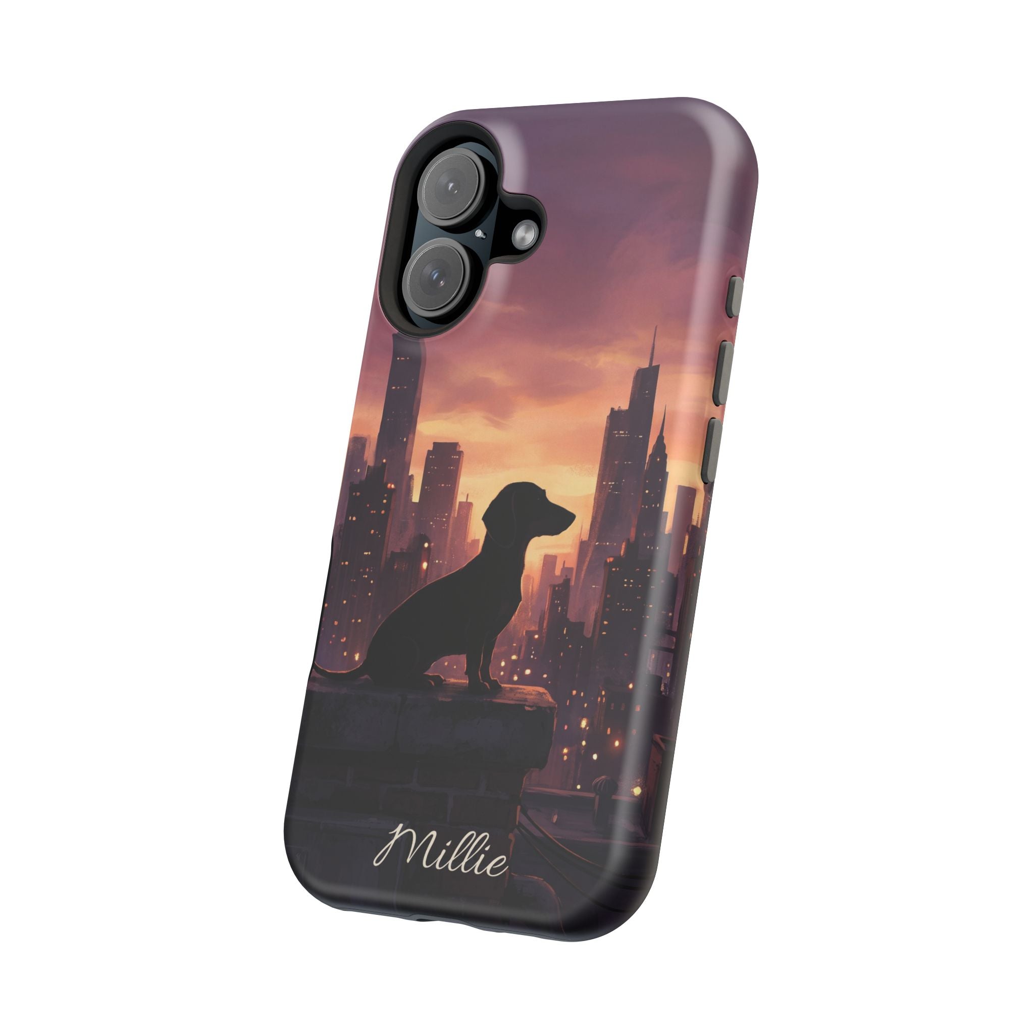 Personalized Dachshund City Skyline Phone Case — Wireless Charging Cover