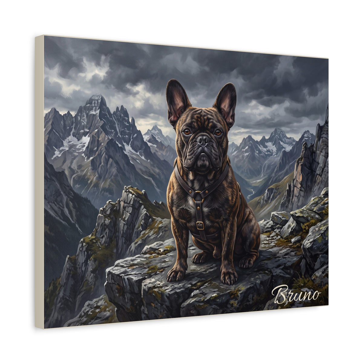 French Bulldog Personalized Canvas | Brindle Frenchie Mountain Summit Wall Art