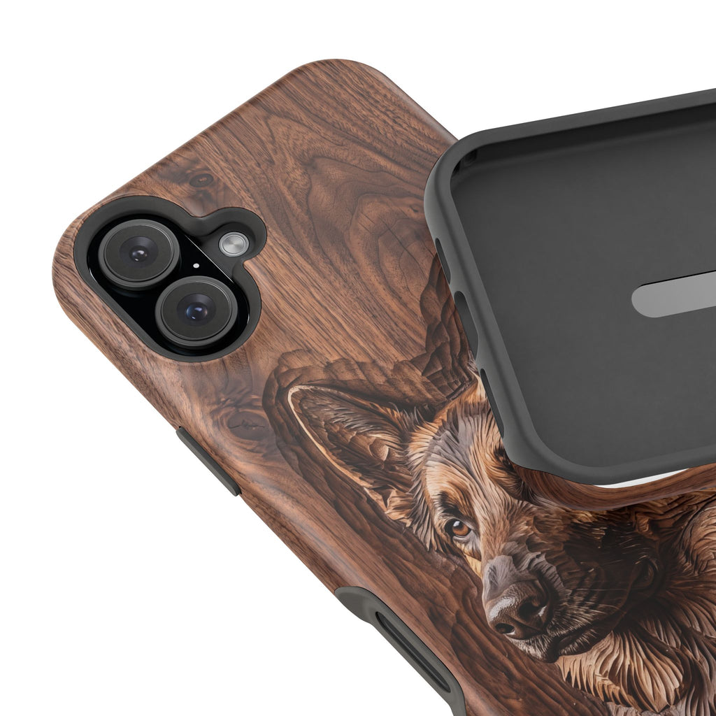 German Shepherd Phone Case | Carved Walnut Art — Tough Magnetic Case with Wireless Charging