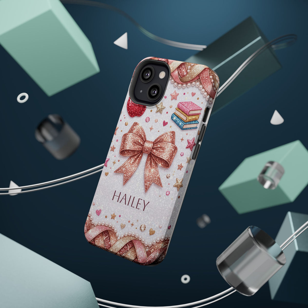 Rose Gold Glitter Bow Personalized Teacher Phone Case — Wireless Charging Cover