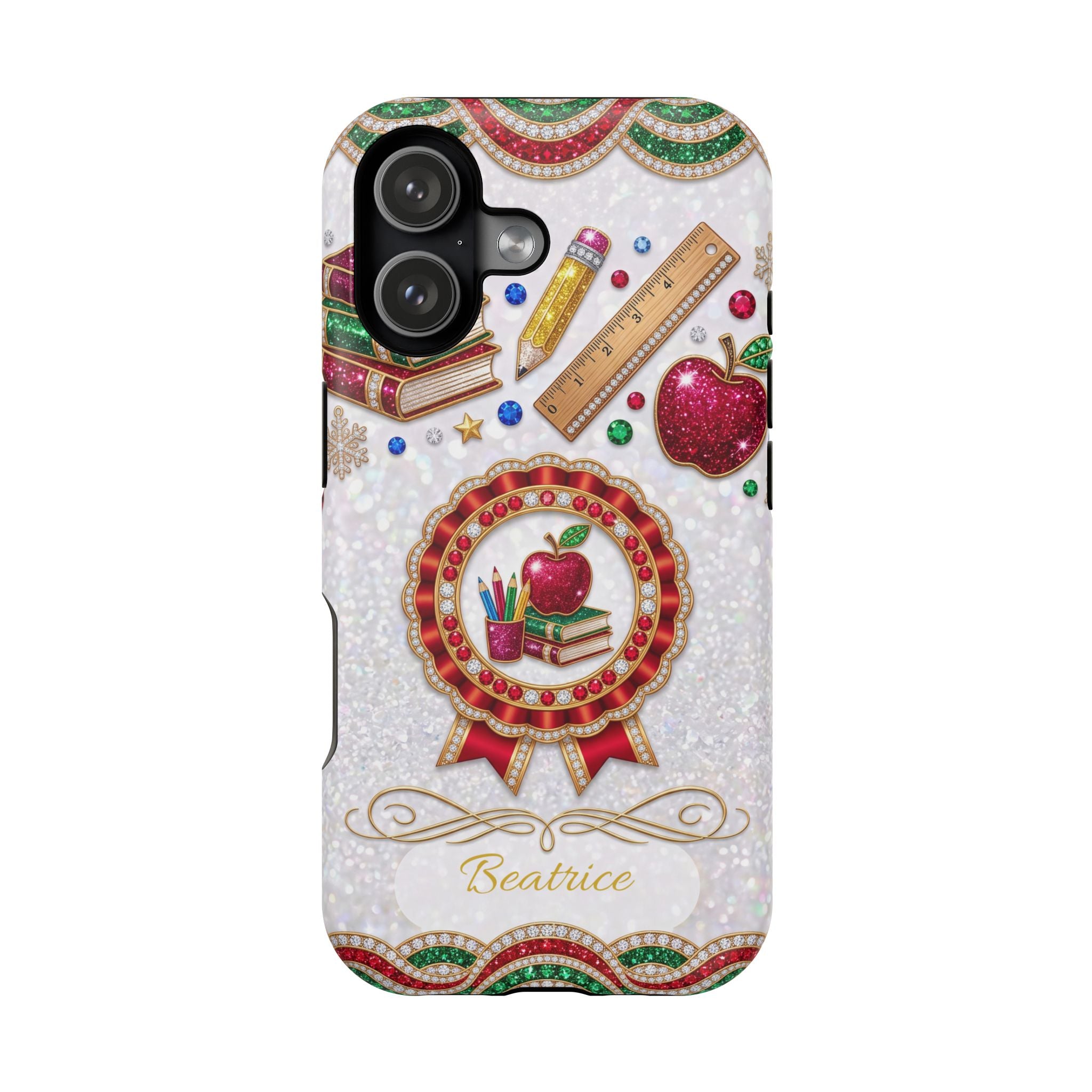 Jeweled Apple Medallion Personalized Teacher Phone Case — Wireless Charging Cover