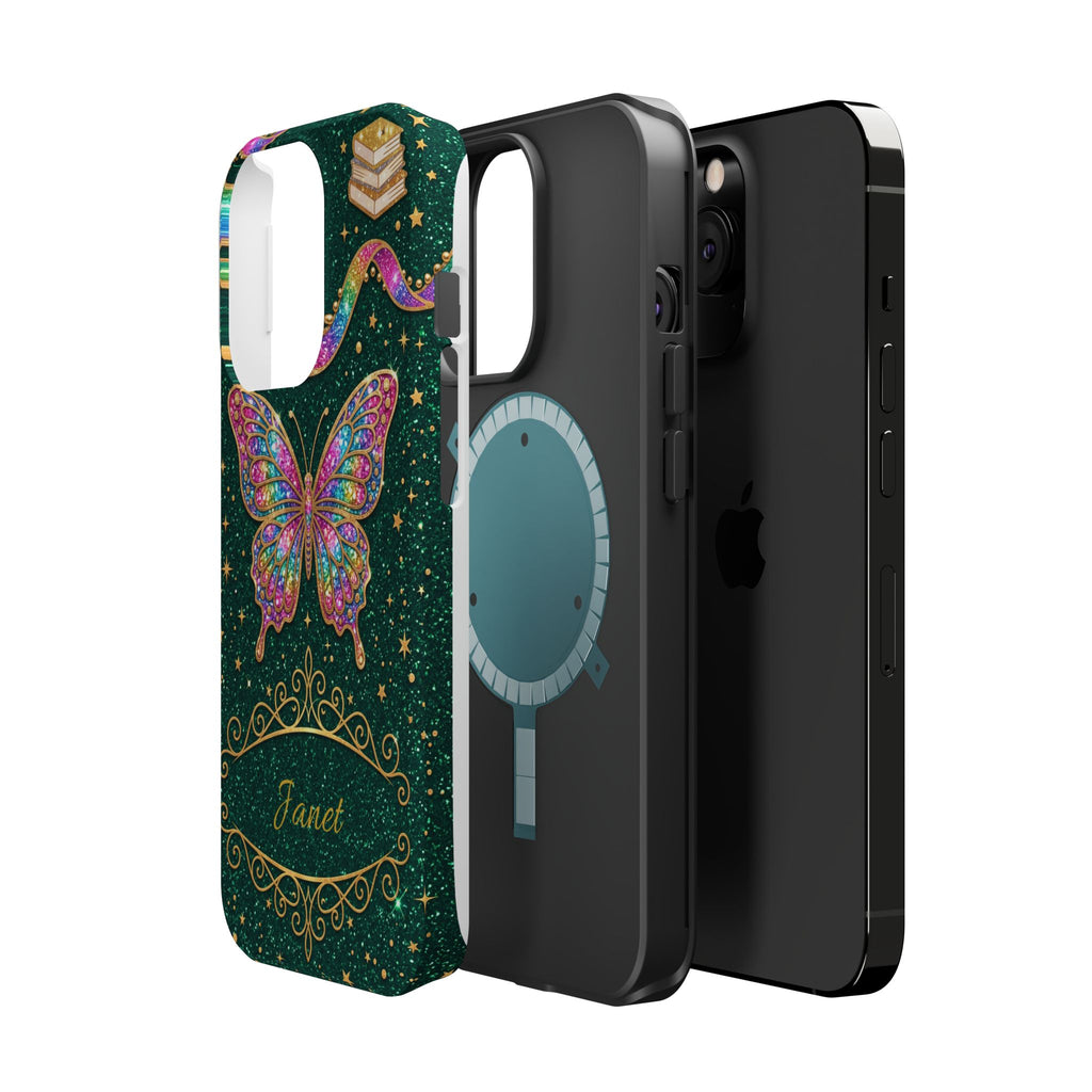 Rainbow Glitter Butterfly Personalized Teacher Phone Case — Wireless Charging Cover