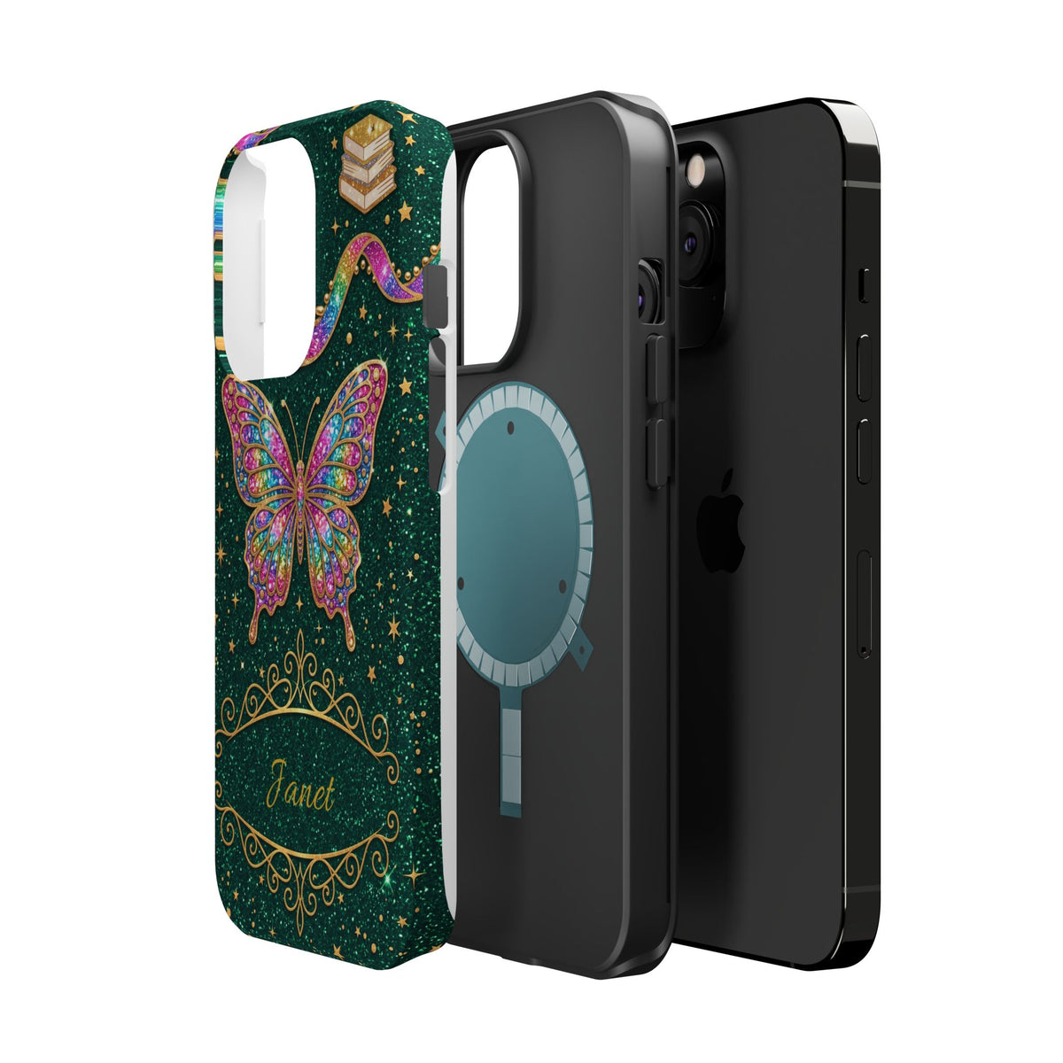 Rainbow Glitter Butterfly Personalized Teacher Phone Case — Wireless Charging Cover