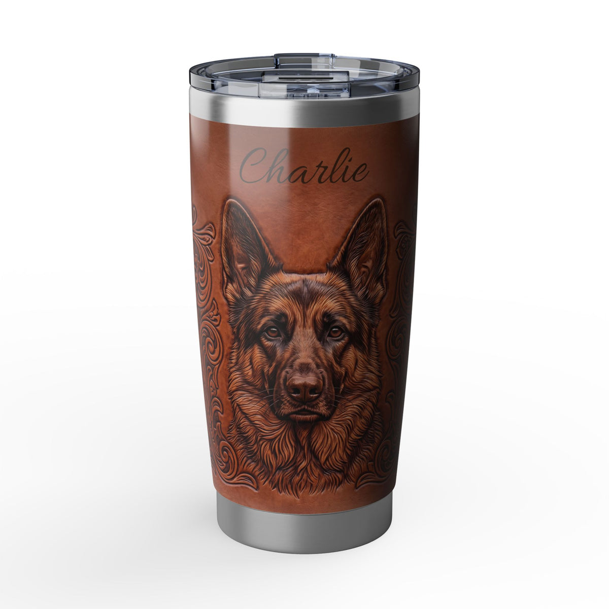 German Shepherd Personalized Tumbler | Tooled Leather Art — 20 oz Stainless Travel Mug