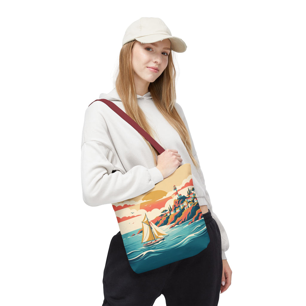 Coastal Lighthouse Sailboat Tote Bag – Retro Seaside Sunset Beach Bag