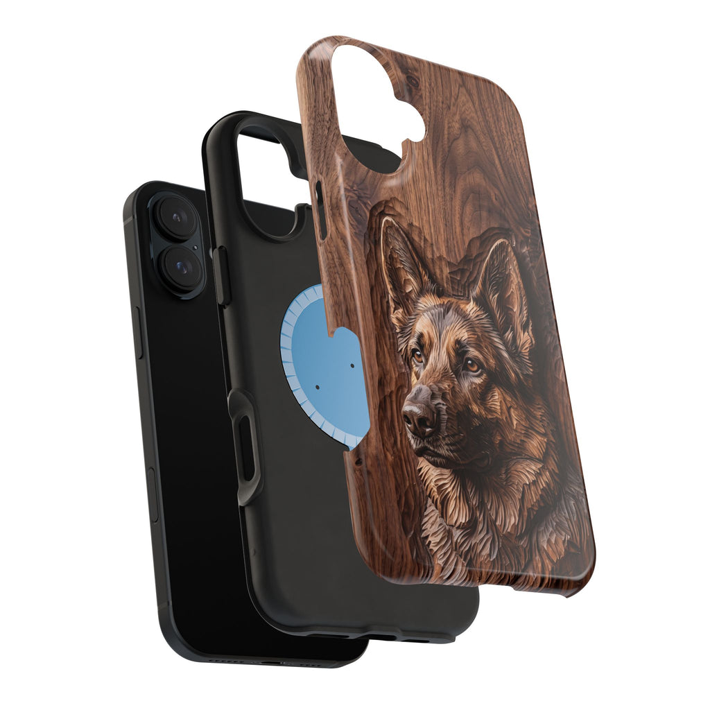 German Shepherd Phone Case | Carved Walnut Art — Tough Magnetic Case with Wireless Charging