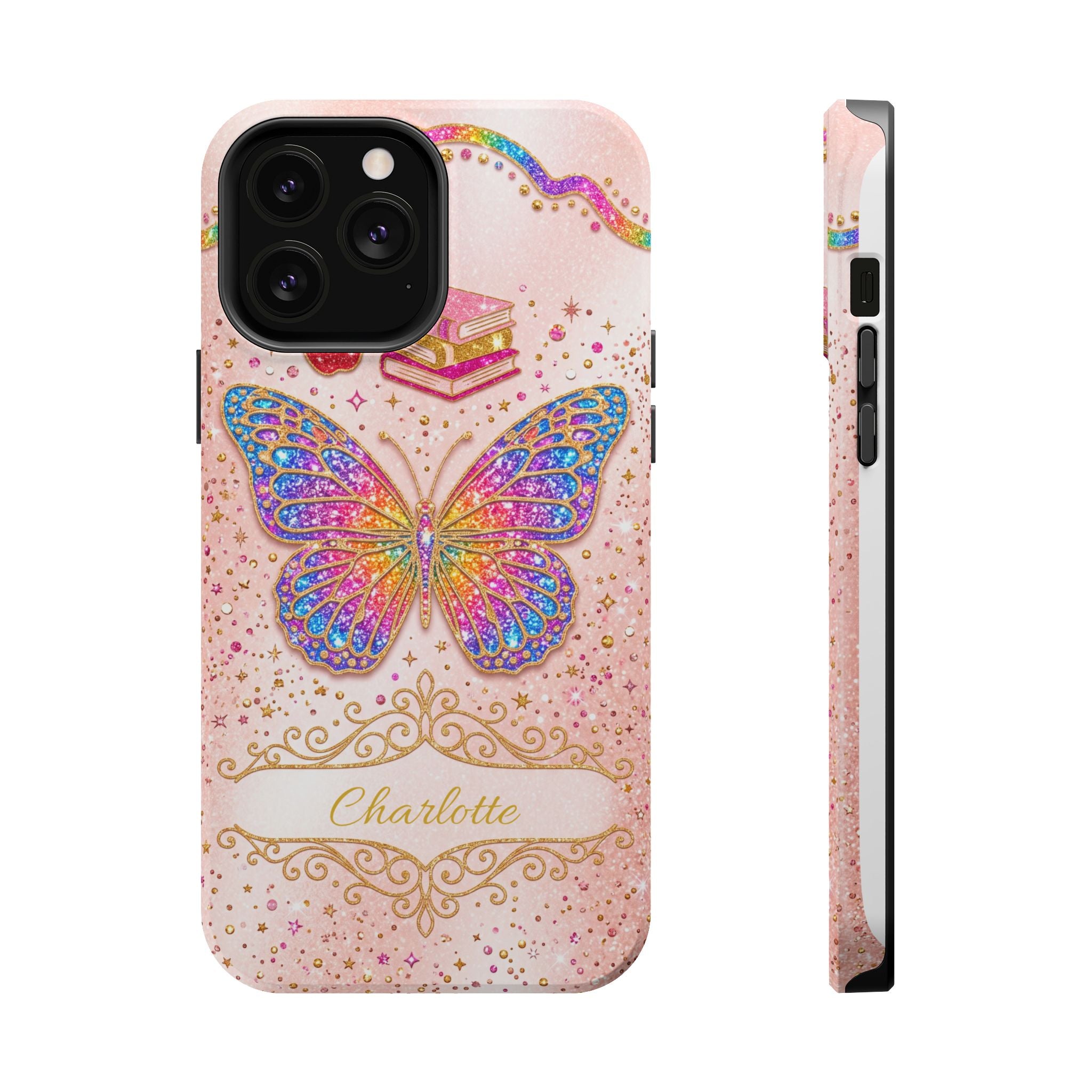 Blush Glitter Butterfly Personalized Teacher Phone Case — Wireless Charging Cover