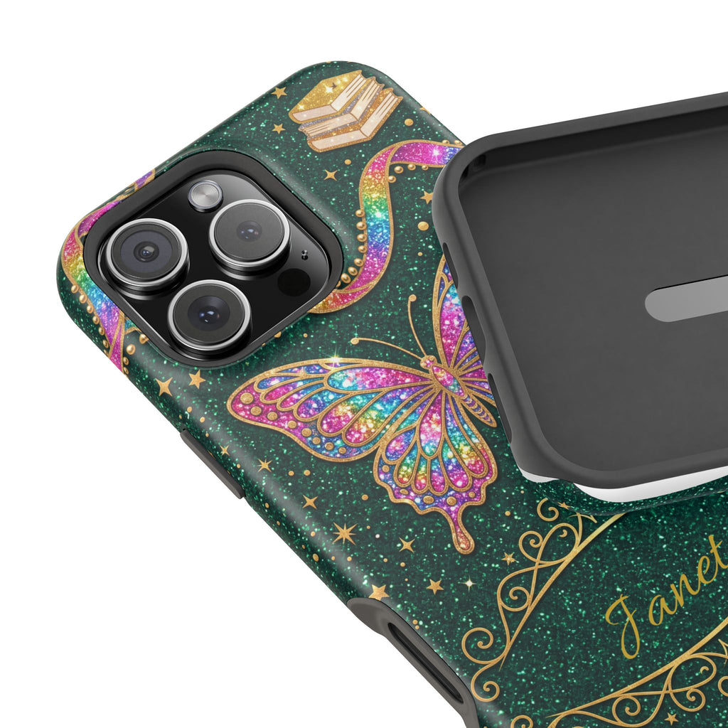 Rainbow Glitter Butterfly Personalized Teacher Phone Case — Wireless Charging Cover