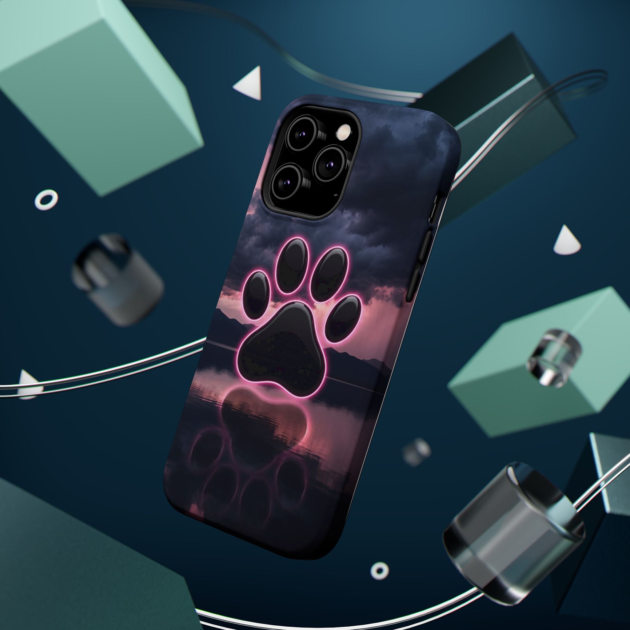 Neon Paw Print Phone Case — Impact-Resistant Wireless Charging Cover