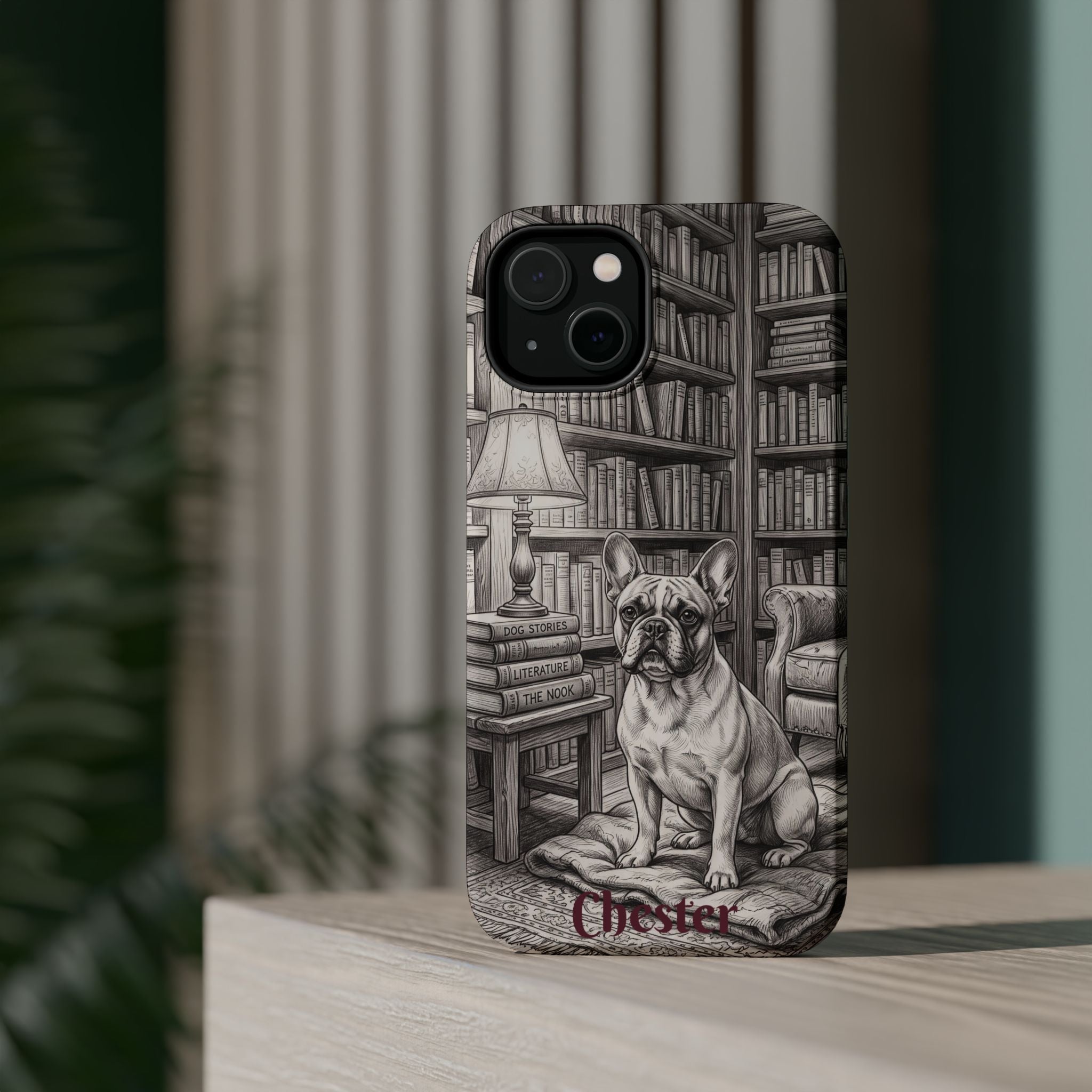 Personalized French Bulldog Library Study Phone Case — Wireless Charging Cover