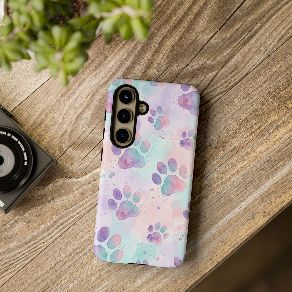 Watercolor Paw Print Phone Case | Pastel Purple, Teal & Pink Artistic Pattern | Samsung & iPhone