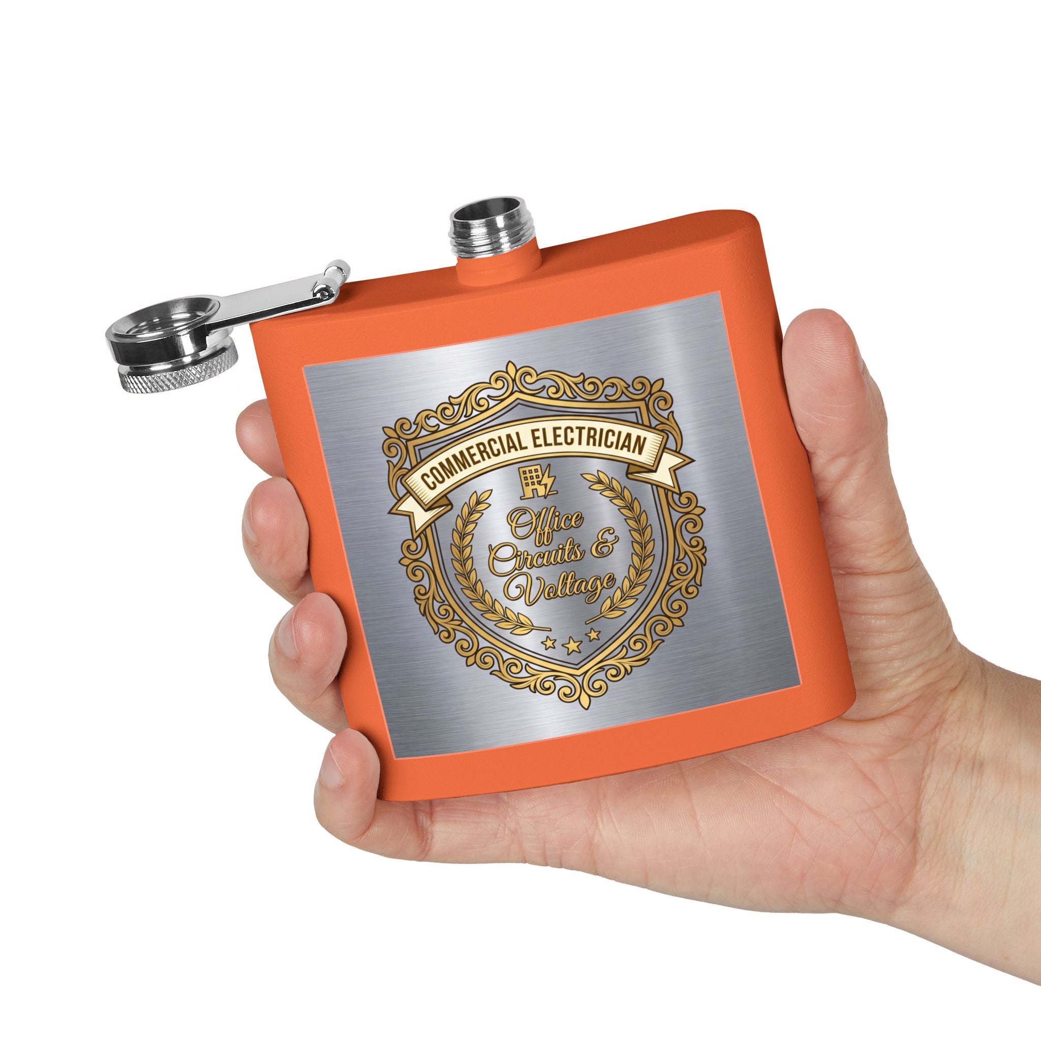 Flask — "Commercial Electrician: Office Circuits & Voltage" (Shield Badge) 6oz Stainless Steel Hip Flask
