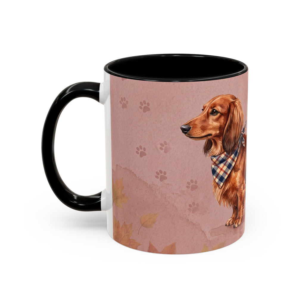 Dachshund Lover Mug | Long-Haired Wiener Dog with Plaid Bandana, Dusty Rose Watercolor Dog Gift
