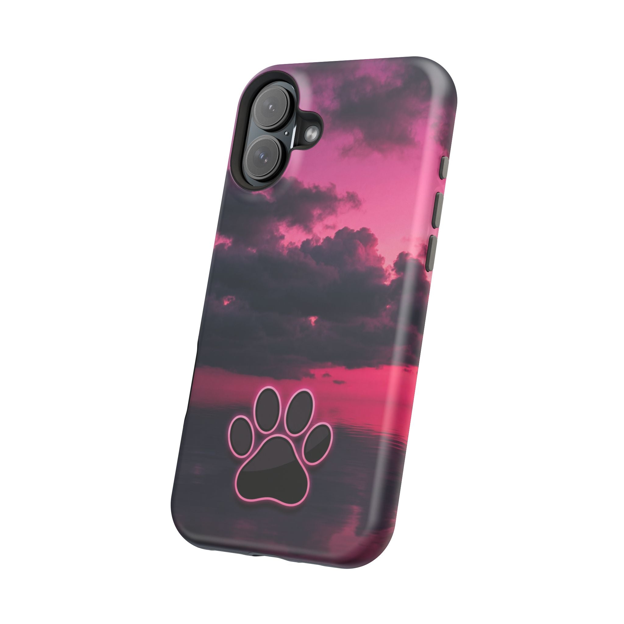 iPhone & Samsung Magnetic Impact-Resistant Phone Case — Pink Twilight Cloud with Paw Print