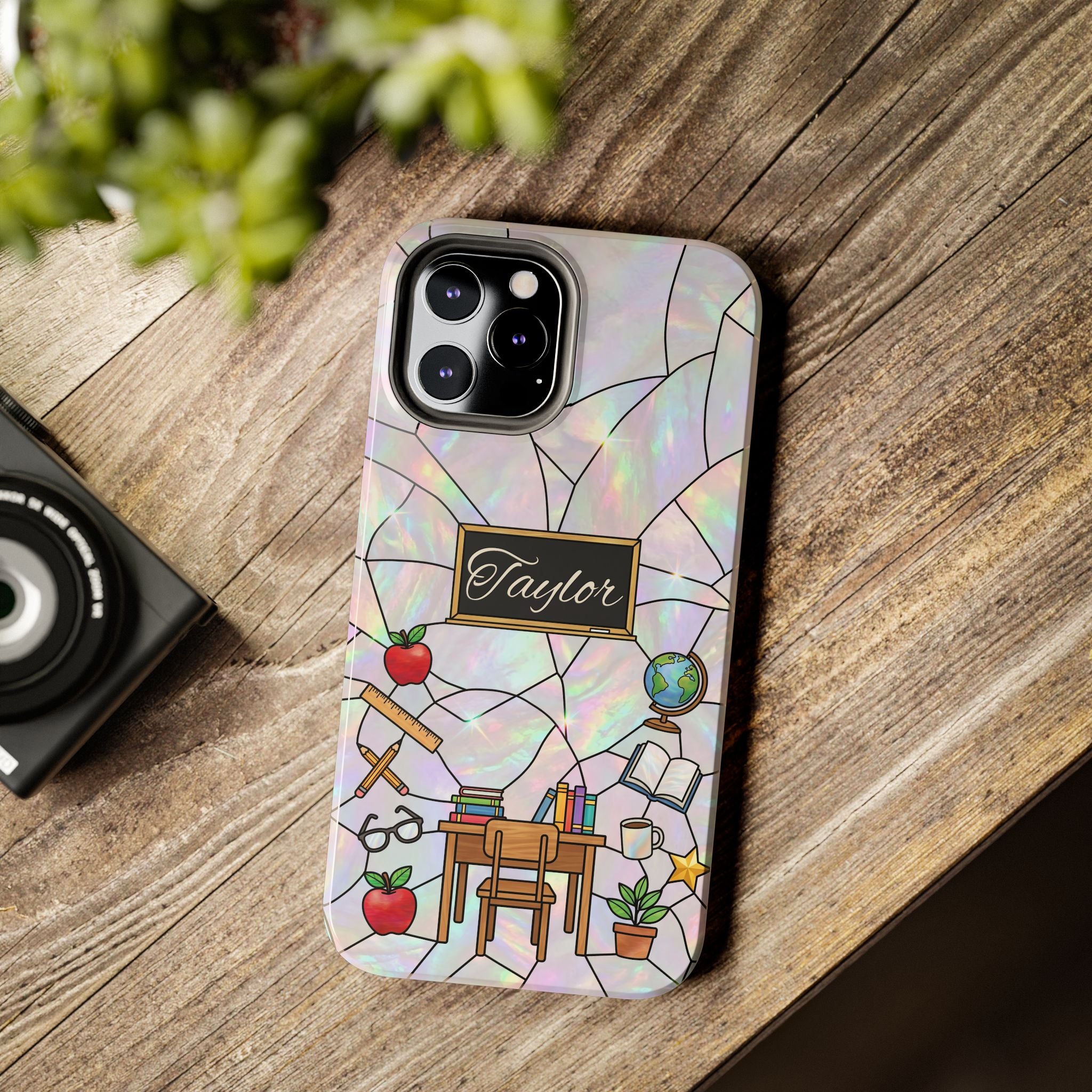 Personalized Teacher Phone Case — Custom Name Stained Glass Classroom Design
