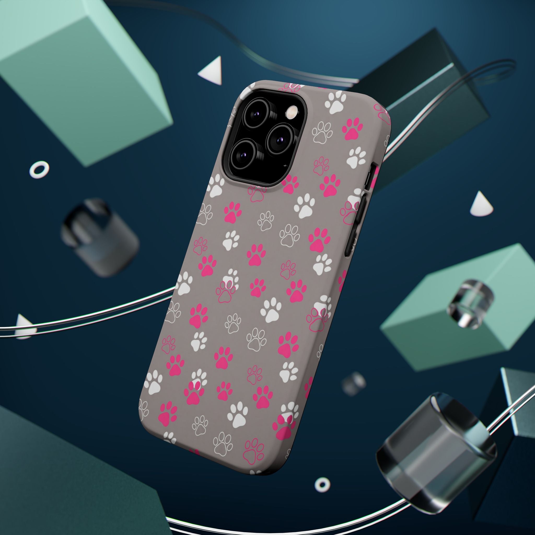 Pink & White Paw Print Phone Case — Impact-Resistant Wireless Charging Cover