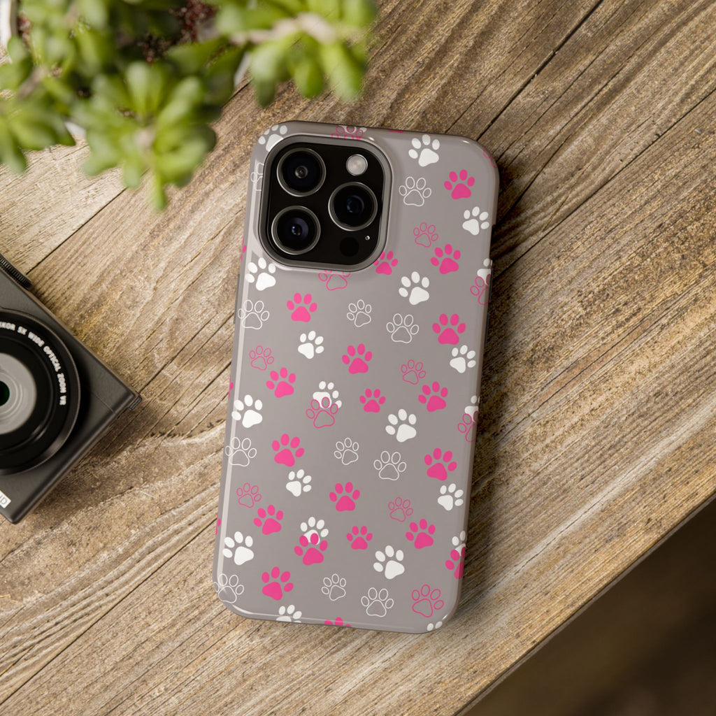Pink & White Paw Print Phone Case — Impact-Resistant Wireless Charging Cover