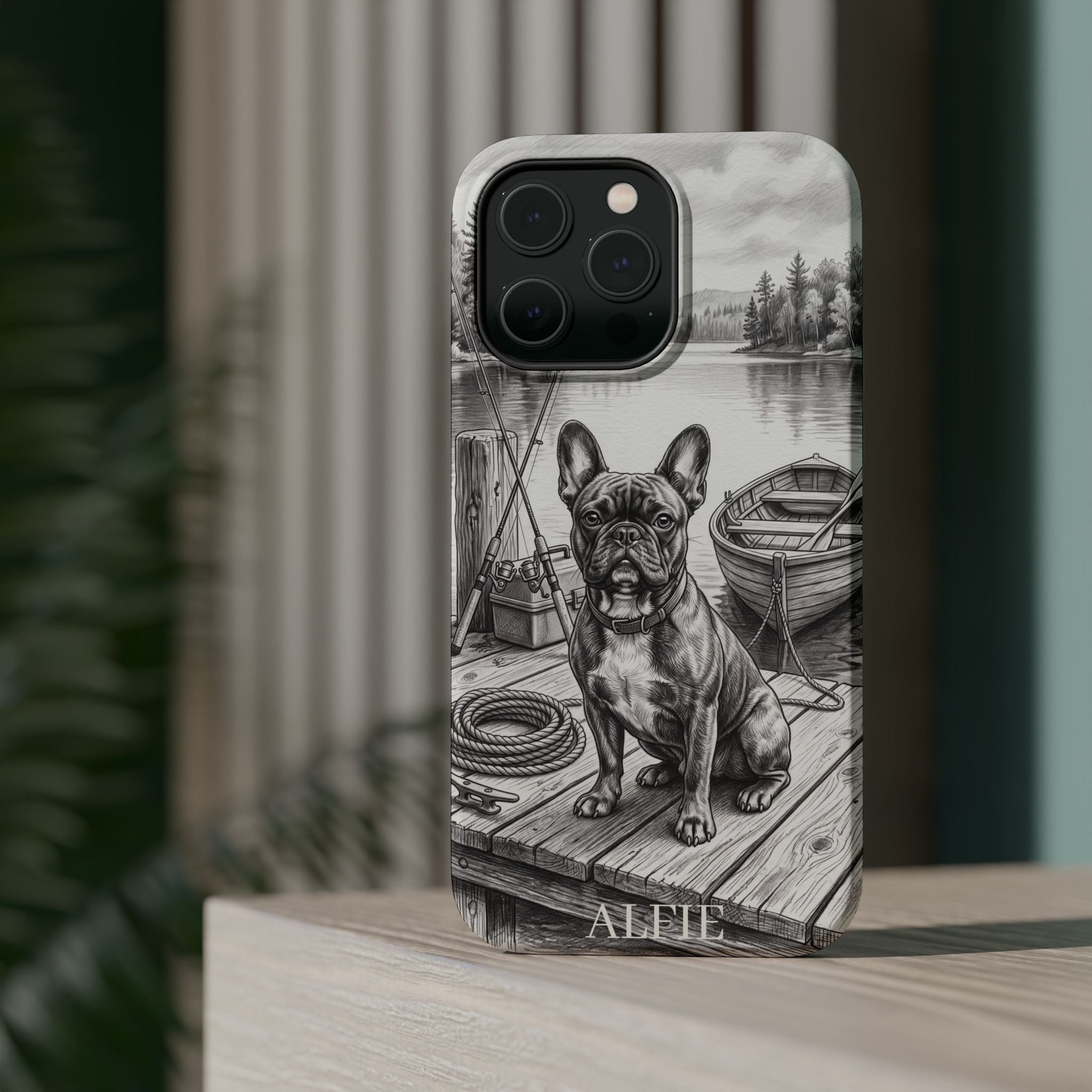 Personalized French Bulldog Lakeside Dock Phone Case — Wireless Charging Cover
