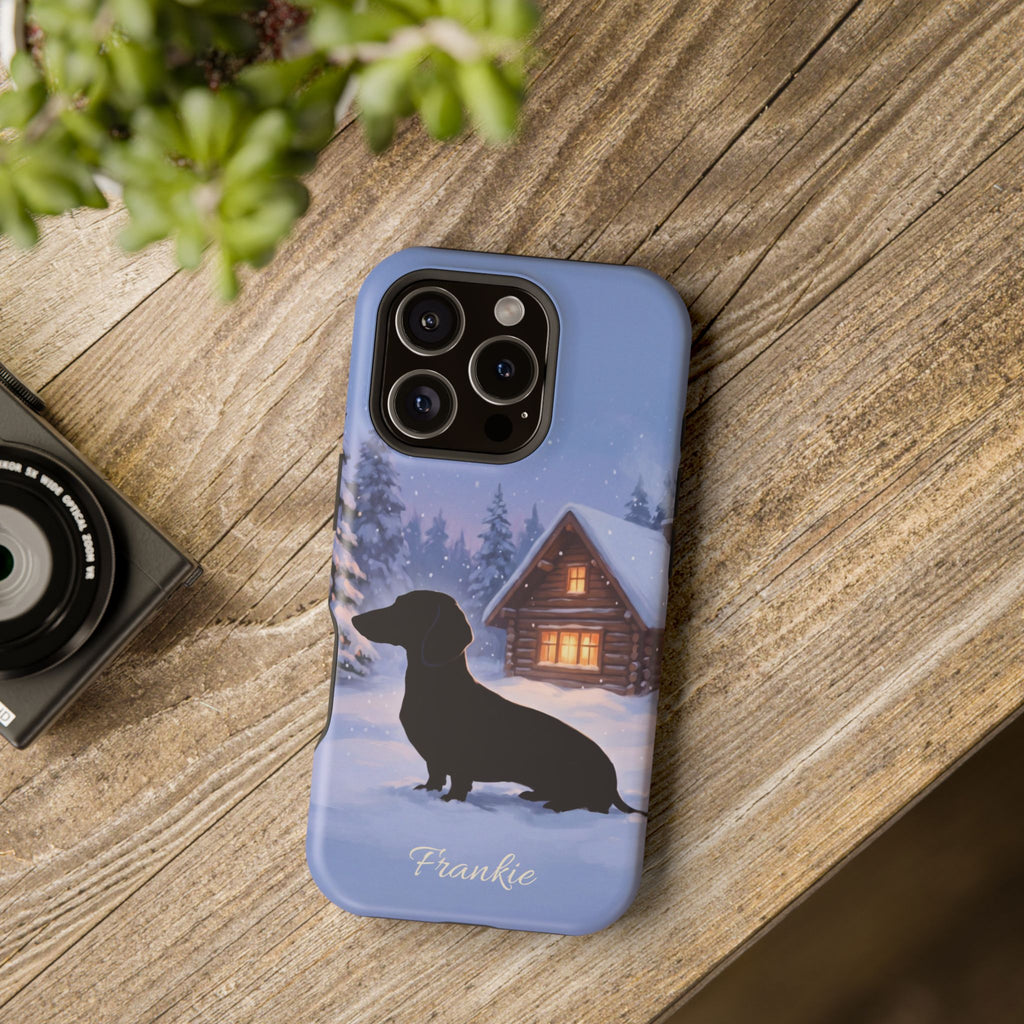 Personalized Dachshund Winter Cabin Phone Case — Wireless Charging Cover