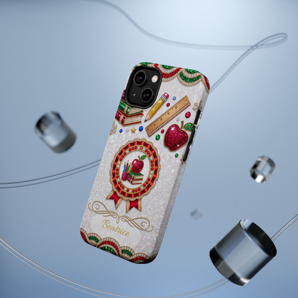 Jeweled Apple Medallion Personalized Teacher Phone Case — Wireless Charging Cover