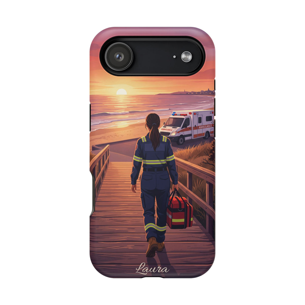 Sunset Boardwalk Personalized Paramedic Phone Case — Wireless Charging Cover