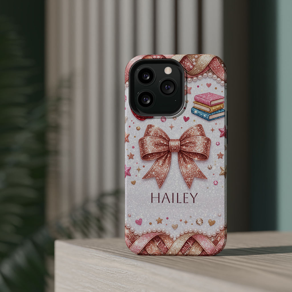 Rose Gold Glitter Bow Personalized Teacher Phone Case — Wireless Charging Cover
