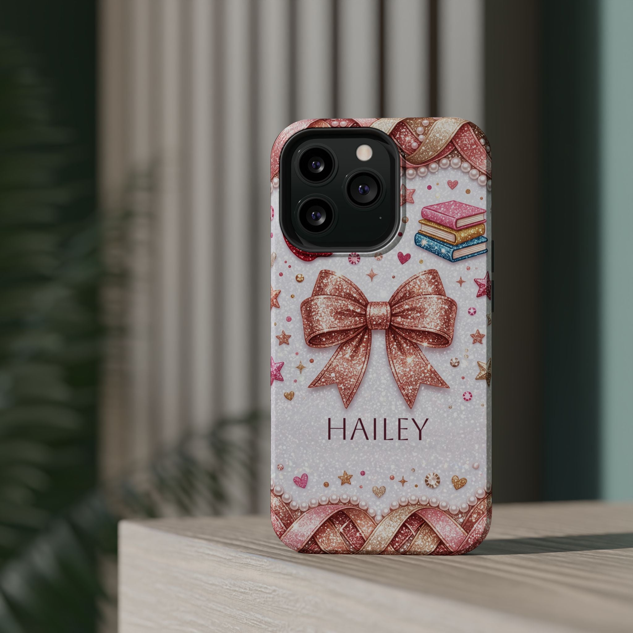 Rose Gold Glitter Bow Personalized Teacher Phone Case — Wireless Charging Cover