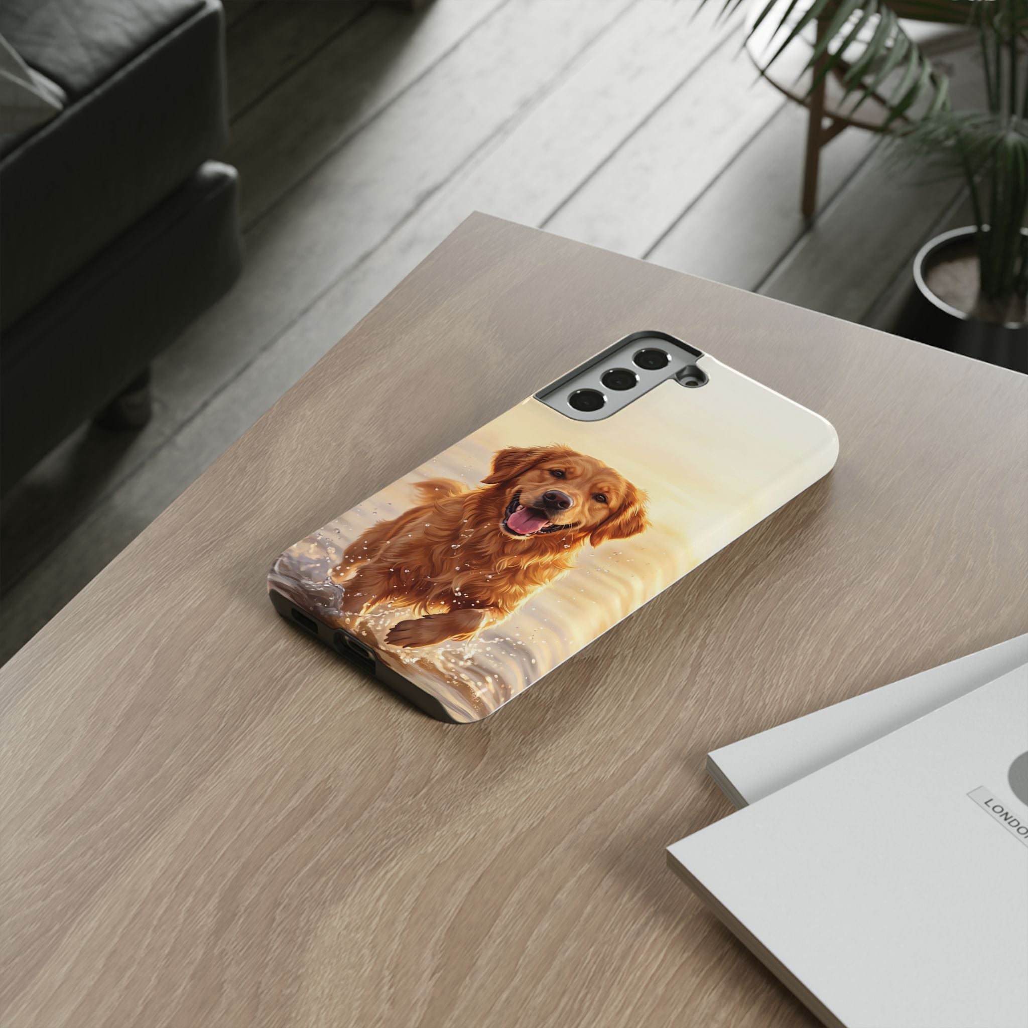 Golden Retriever Splashing in Water Phone Case | Joyful Dog at Golden Hour | iPhone & Samsung