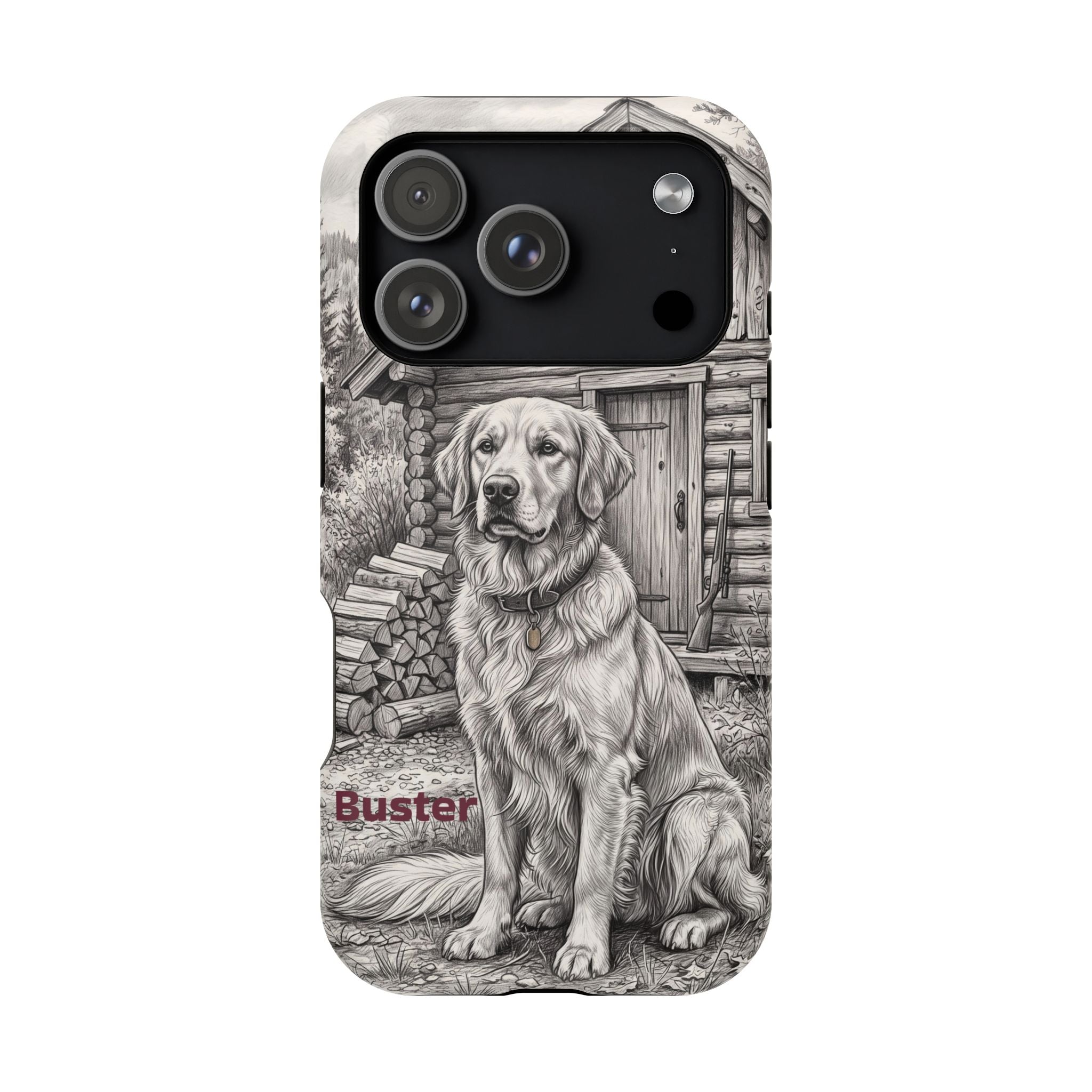 Personalized Golden Retriever Cabin Porch Phone Case — Wireless Charging Cover