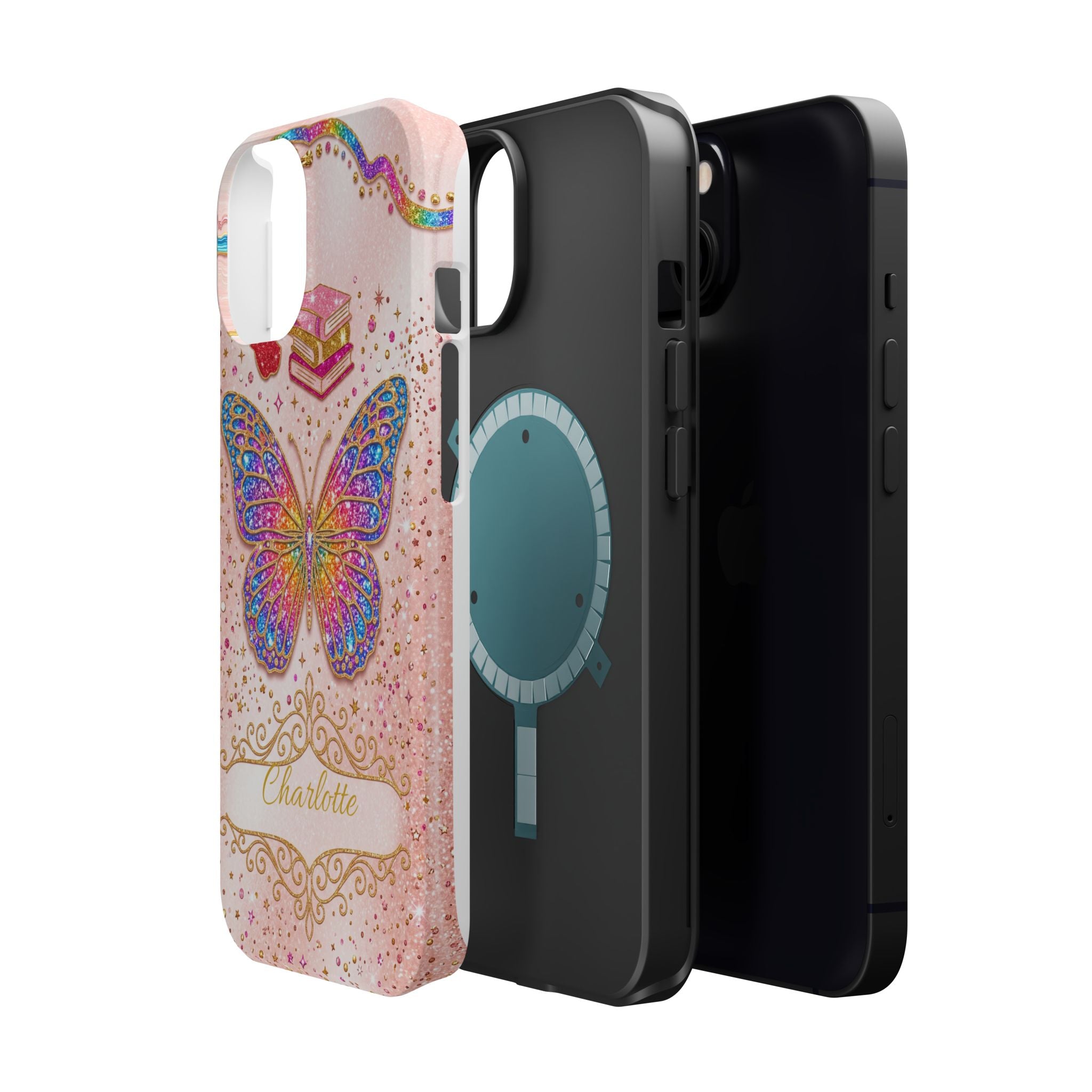 Blush Glitter Butterfly Personalized Teacher Phone Case — Wireless Charging Cover