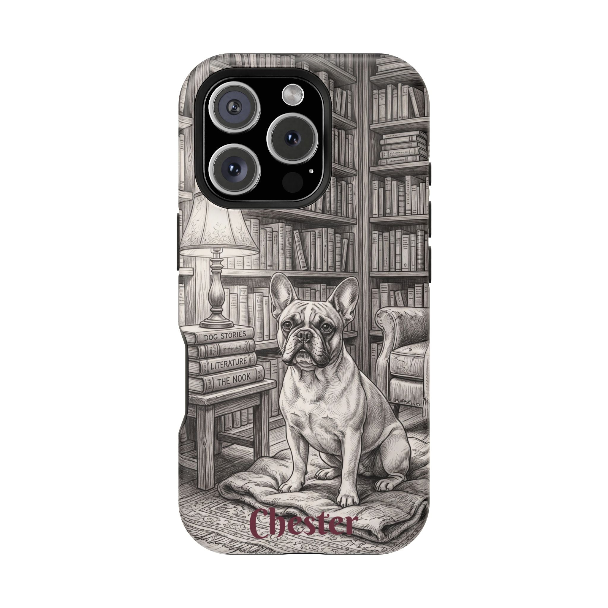 Personalized French Bulldog Library Study Phone Case — Wireless Charging Cover