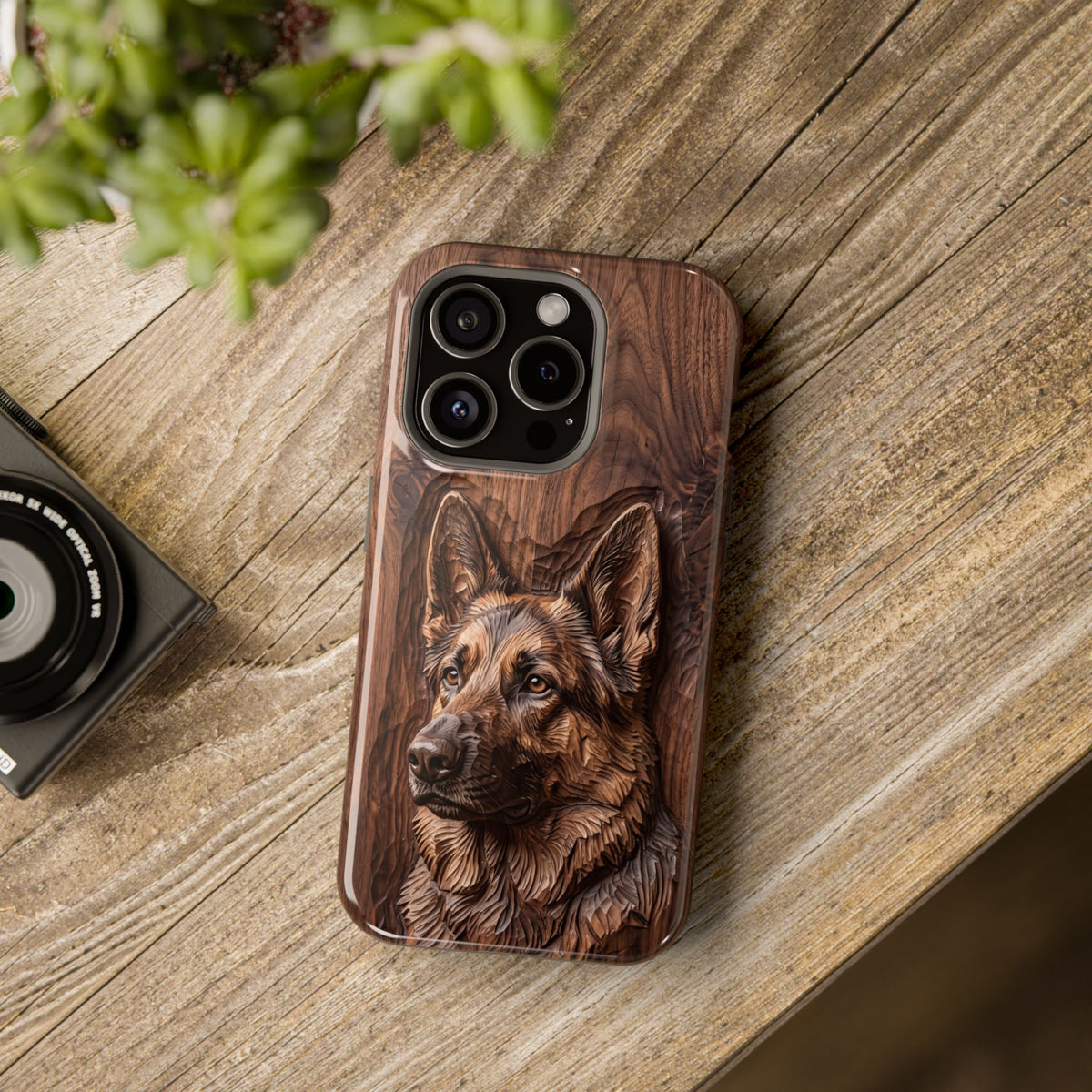 German Shepherd Phone Case | Carved Walnut Art — Tough Magnetic Case with Wireless Charging