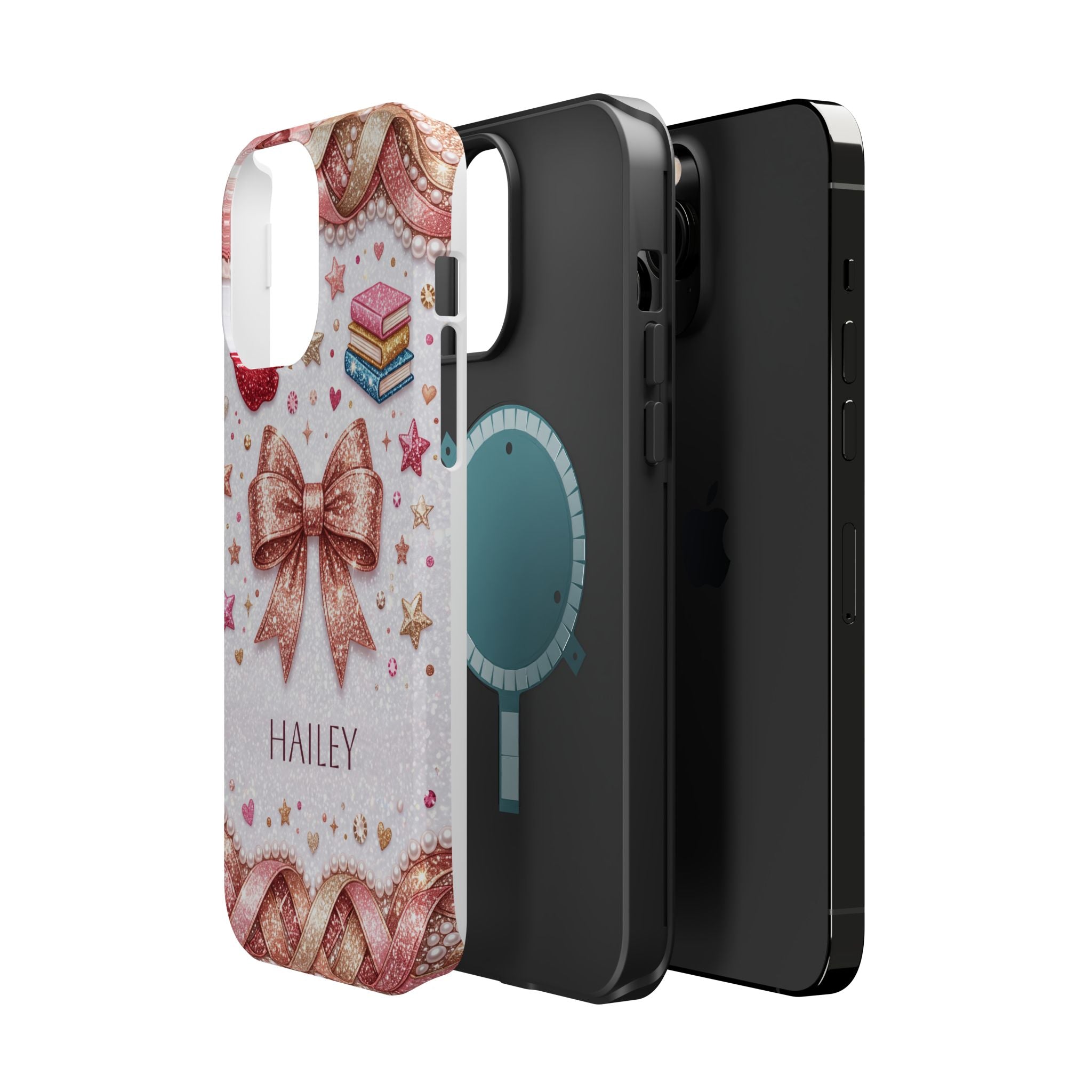 Rose Gold Glitter Bow Personalized Teacher Phone Case — Wireless Charging Cover