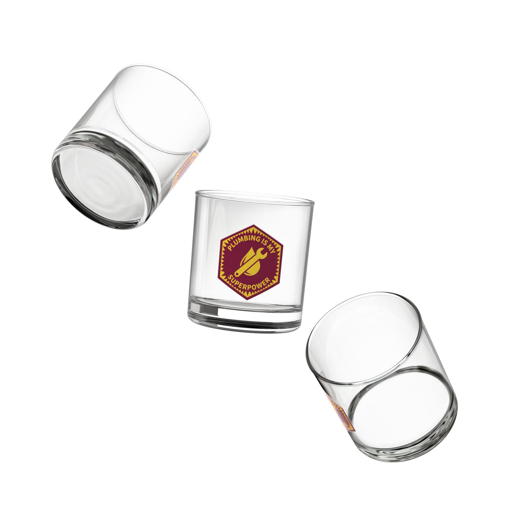 Plumbing Is My Superpower Badge Rocks Glass 10oz — Burgundy & Gold Plumber Glass