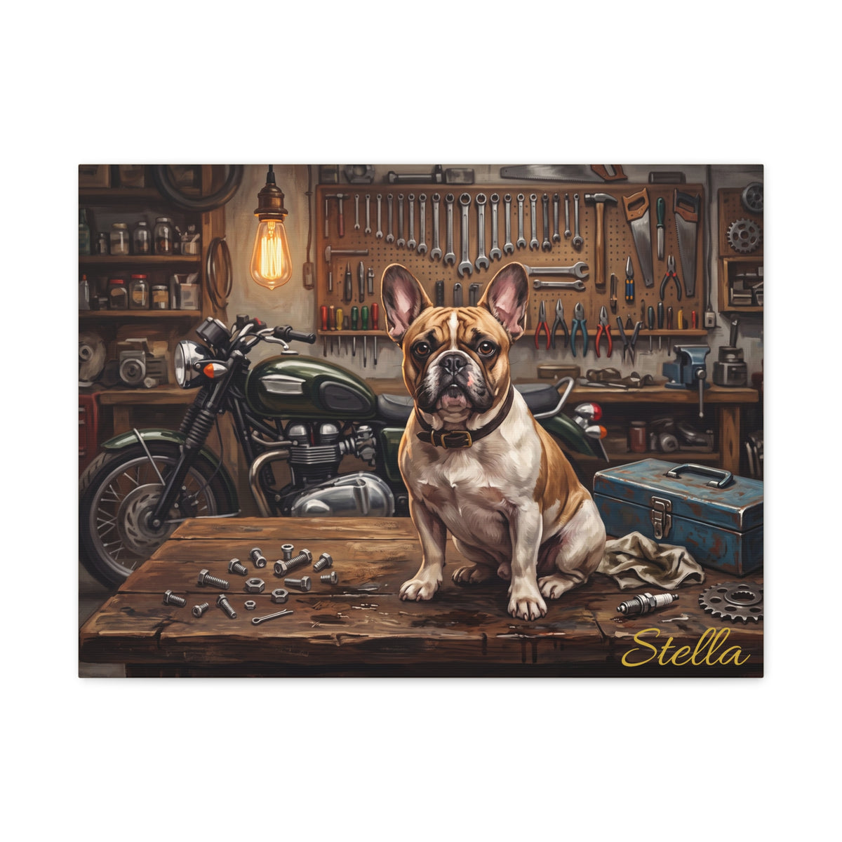 French Bulldog Personalized Canvas | Motorcycle Garage Workshop Wall Art