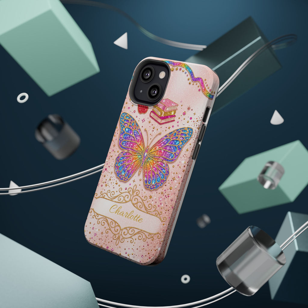 Blush Glitter Butterfly Personalized Teacher Phone Case — Wireless Charging Cover