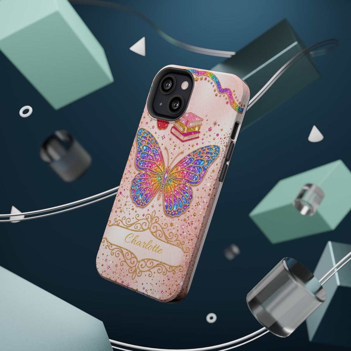 Blush Glitter Butterfly Personalized Teacher Phone Case — Wireless Charging Cover