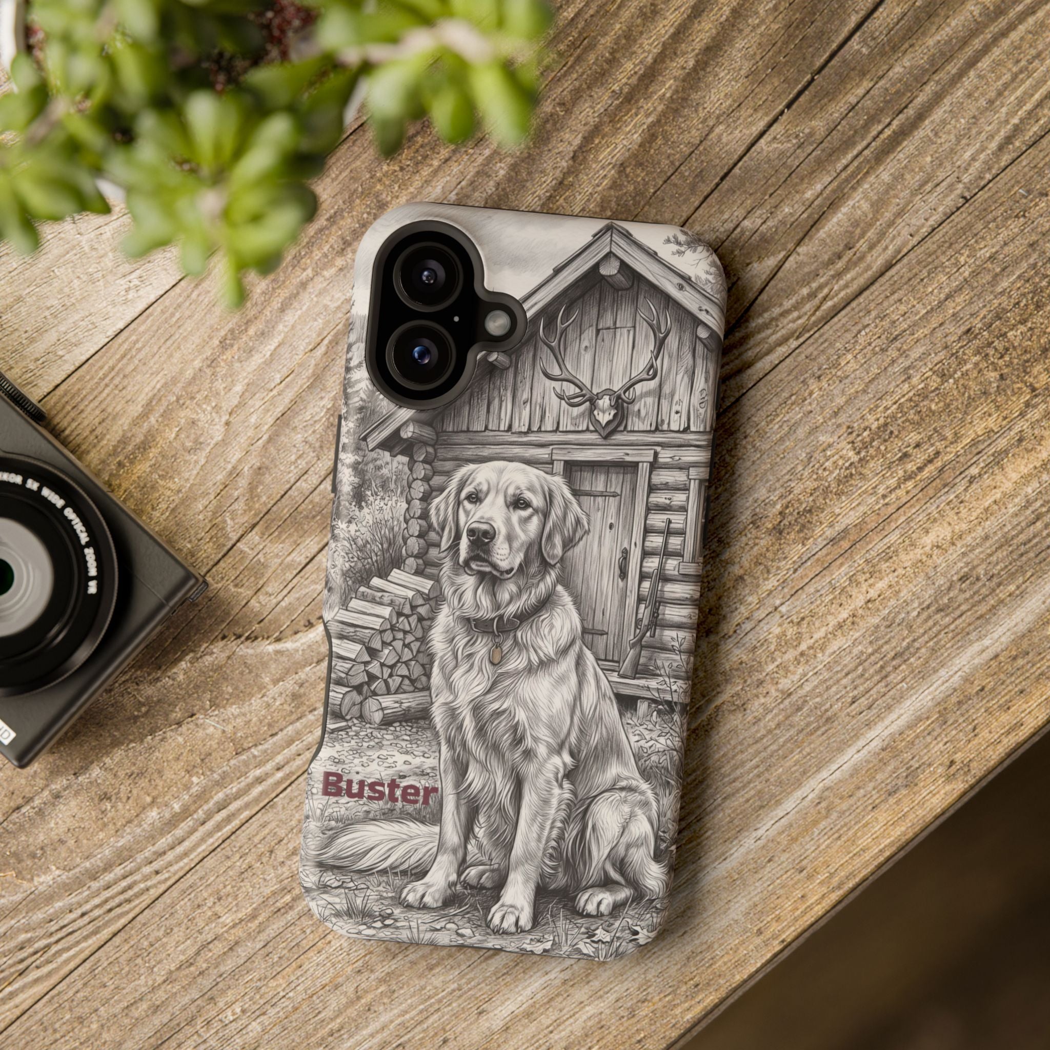 Personalized Golden Retriever Cabin Porch Phone Case — Wireless Charging Cover